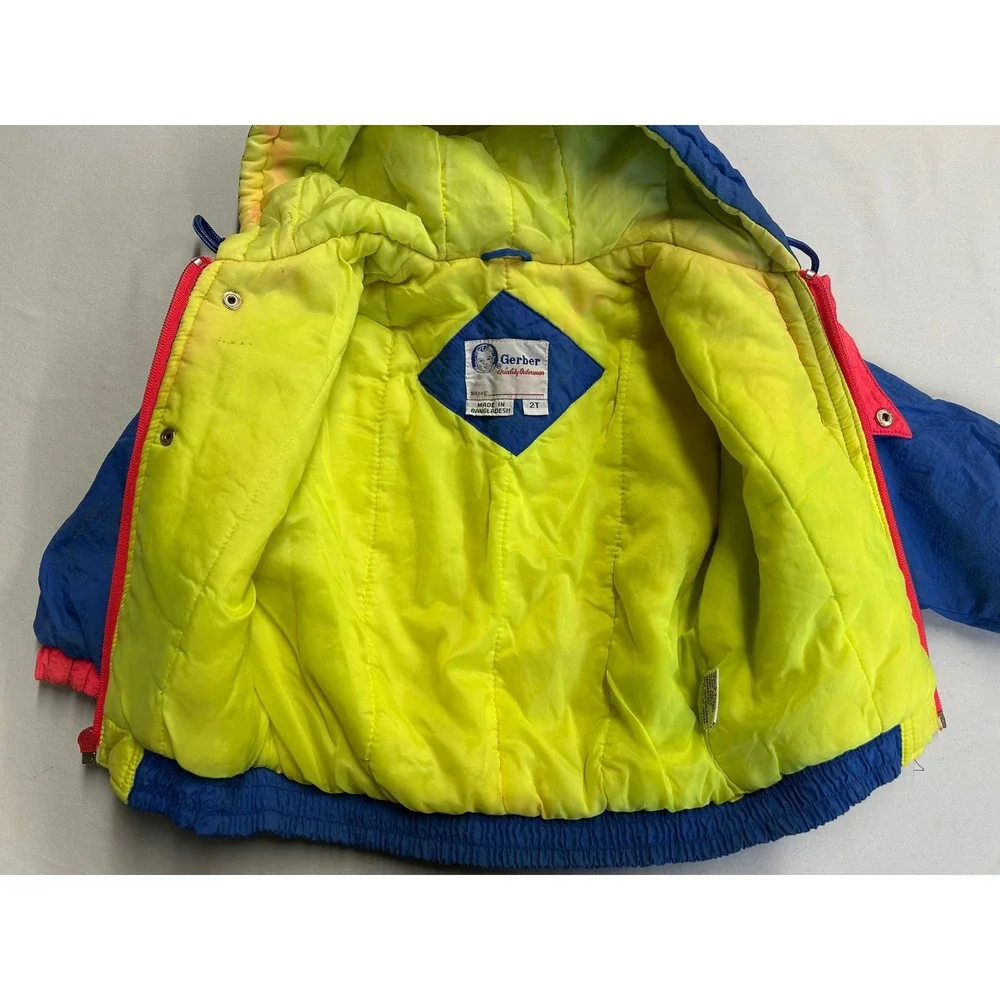 Gerber Vintage 90s Colorblock Star Puffer Jacket Toddler Size 2T Blue Pink Neon